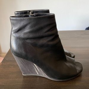 Allsaints Black Leather Peep Toe Wood Wedge Heel Boot/Booties All Saints